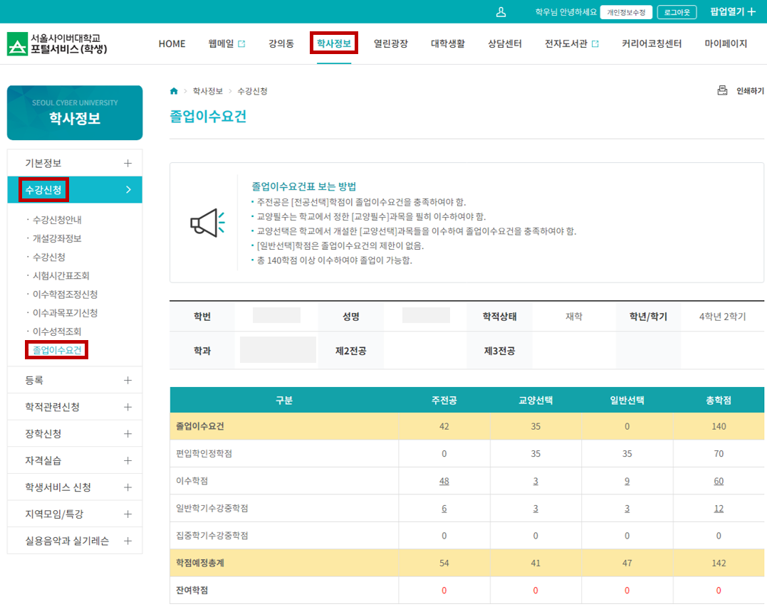 학사정보>졸업이수요건 화면캡쳐 이미지